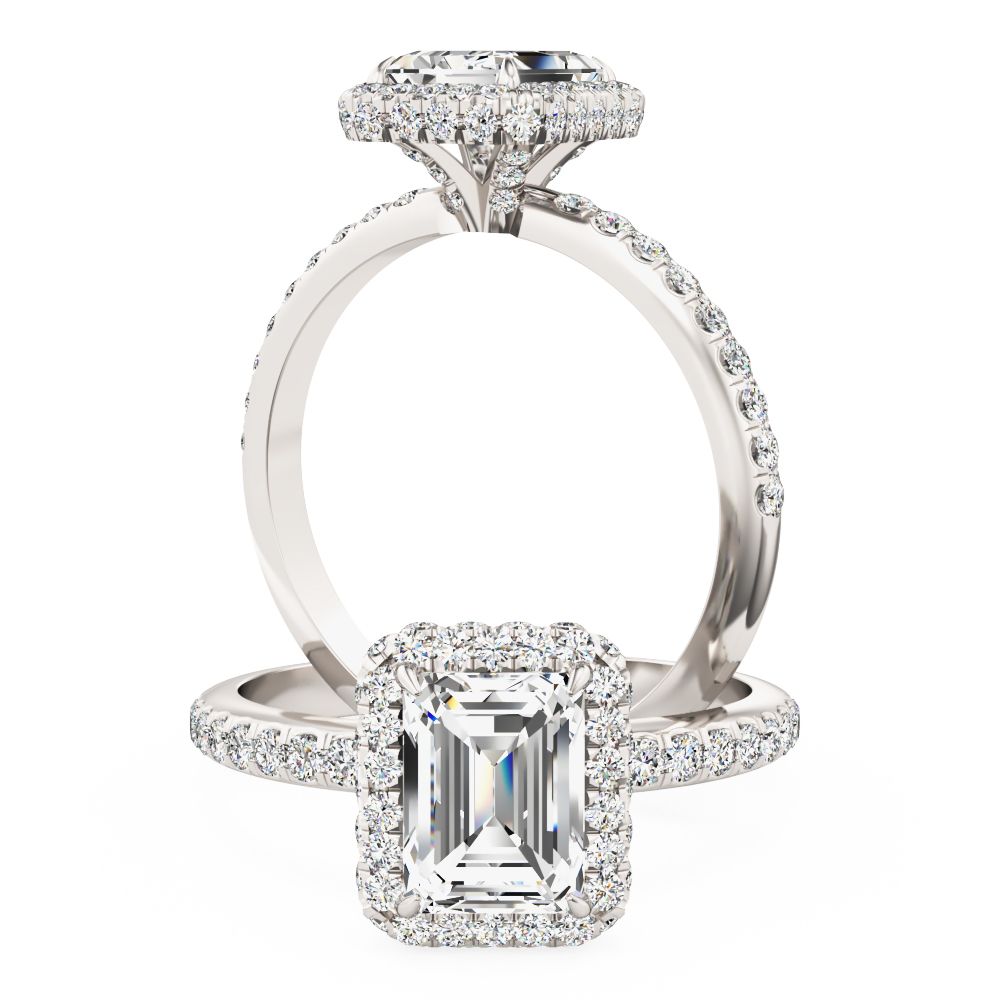 An amazing lab grown emerald cut diamond halo in 18ct white gold