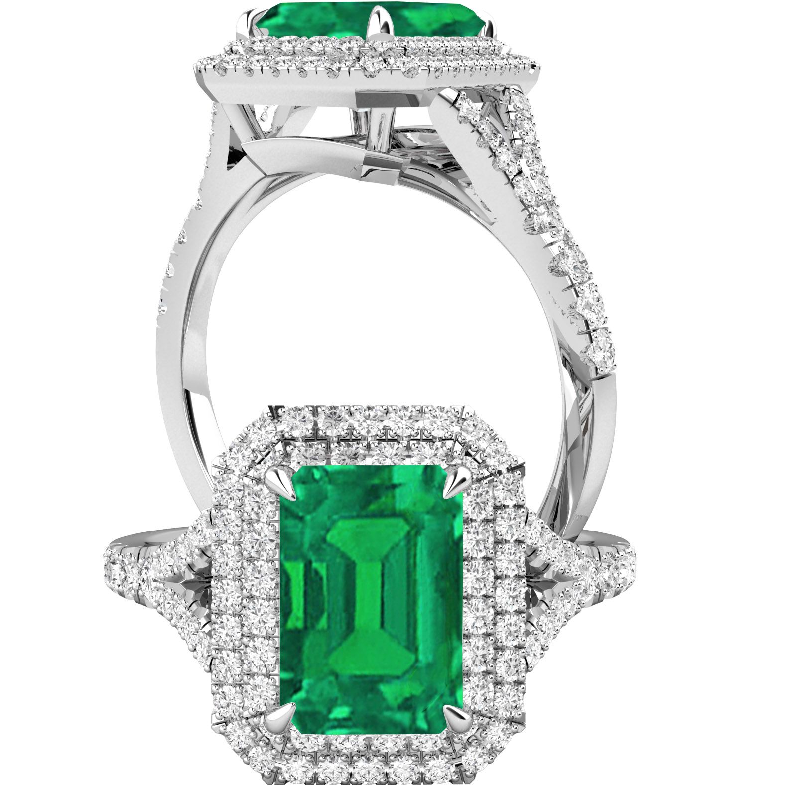 [OTHER IMAGE] two-side-view – A stunning emerald and diamond double halo set in platinum