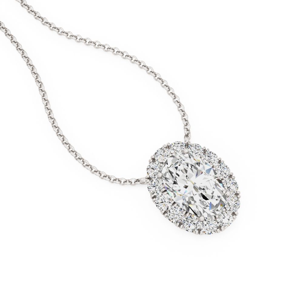 unknown – A stunning oval cut lab grown diamond halo pendant in 18ct white gold
