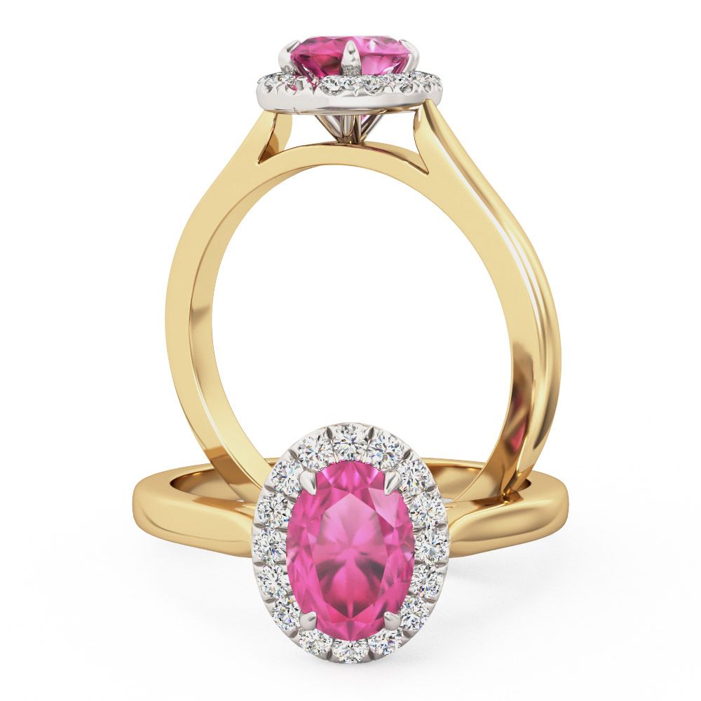 unknown – A beautiful pink sapphire & diamond halo ring in 18ct yellow & white gold