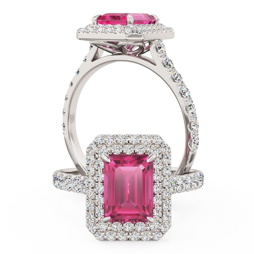 unknown – A stunning emerald cut pink sapphire and diamond double halo set in 18ct white gold