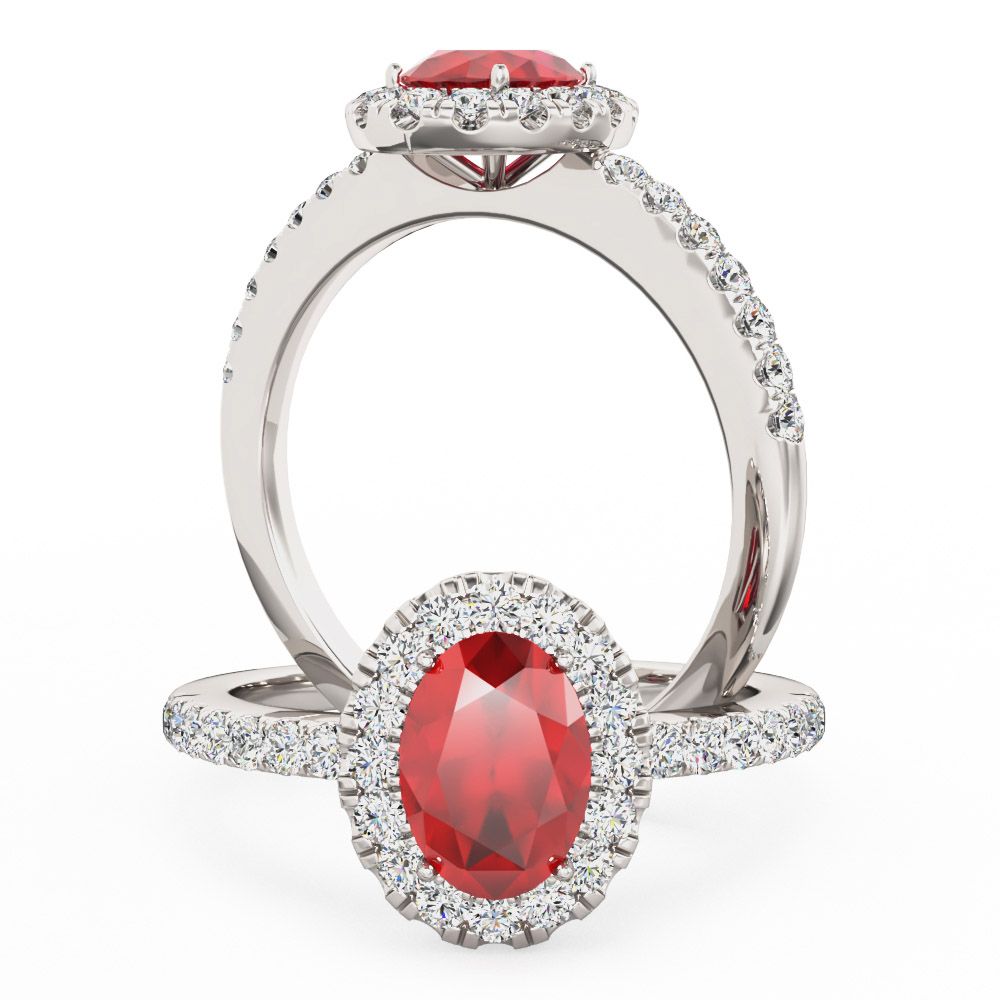 unknown – A beautiful Ruby and diamond cluster with shoulder stones in 18ct white gold (In stock)
