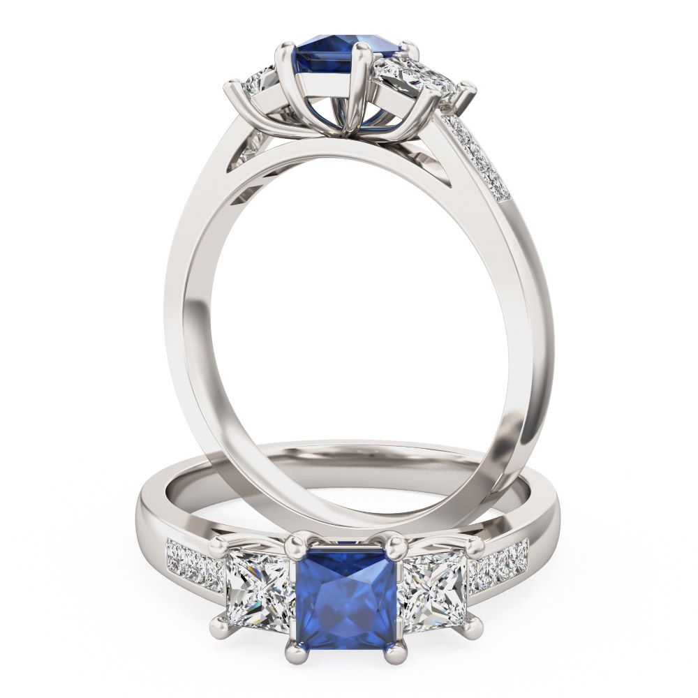 A beautiful square cut sapphire and diamond ring with shoulder stones in platinum