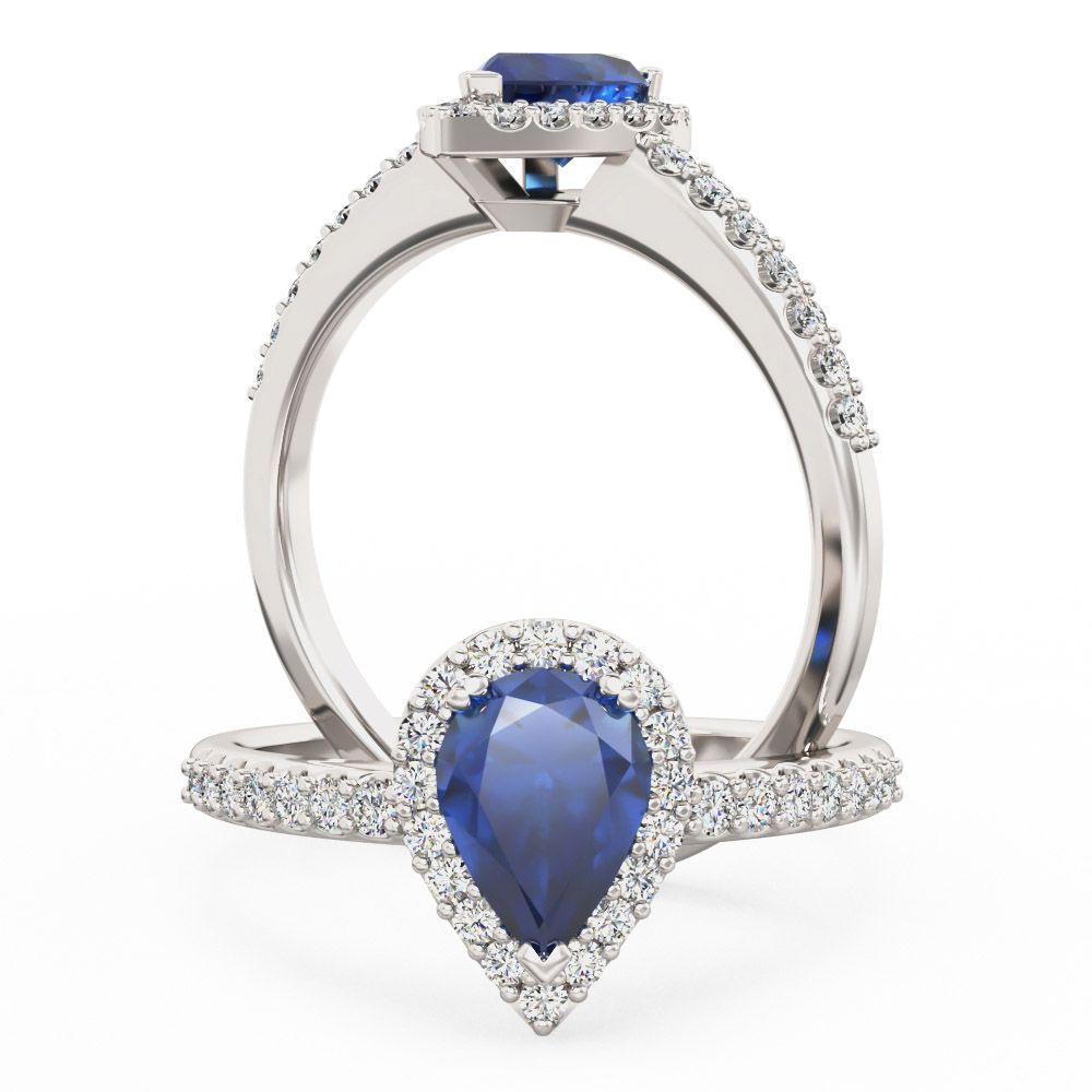 unknown – A stunning pear shaped sapphire and diamond halo with shoulder stones in 18ct white gold