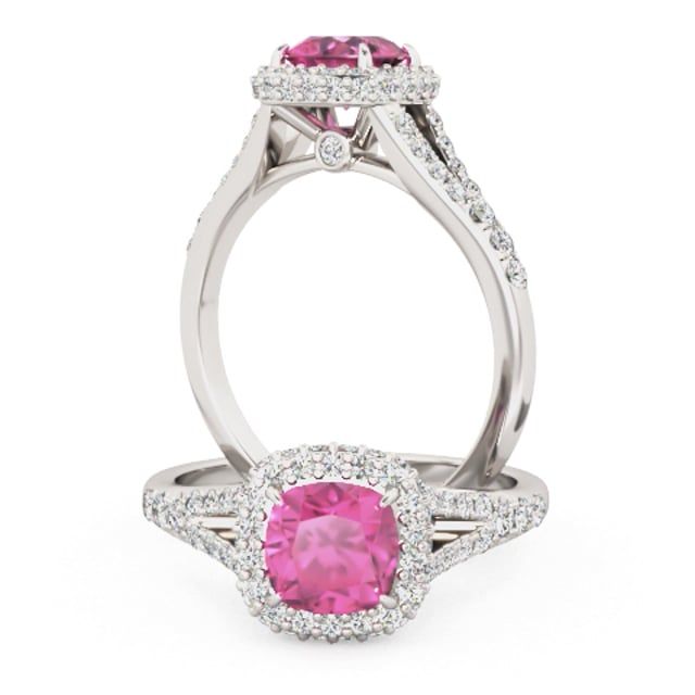 Video - A stunning cushion cut pink sapphire and diamond halo ring in 18ct white gold