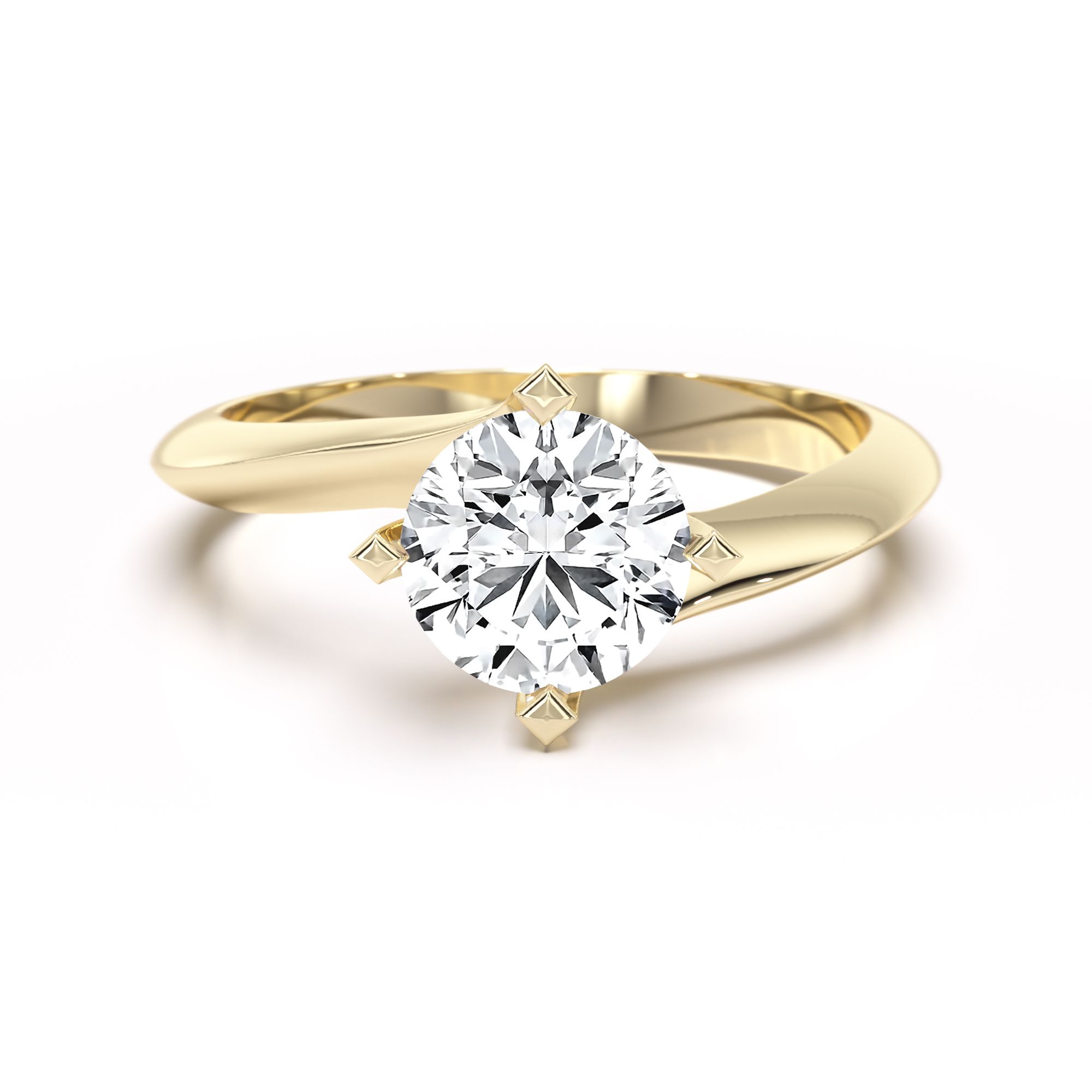 unknown – A stylish lab grown round brilliant cut solitaire twist diamond ring in 18ct yellow gold