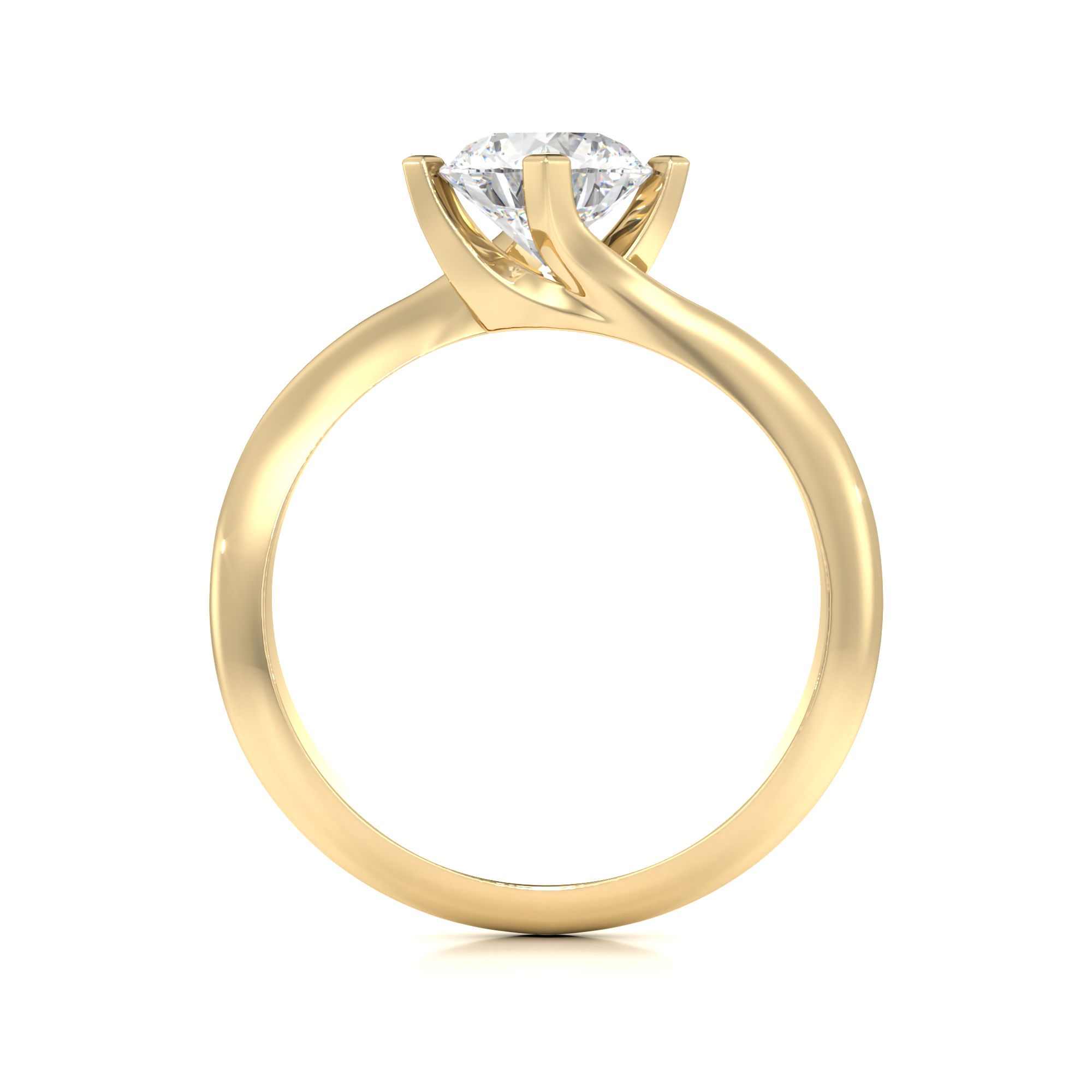 unknown – A stylish lab grown round brilliant cut solitaire twist diamond ring in 18ct yellow gold