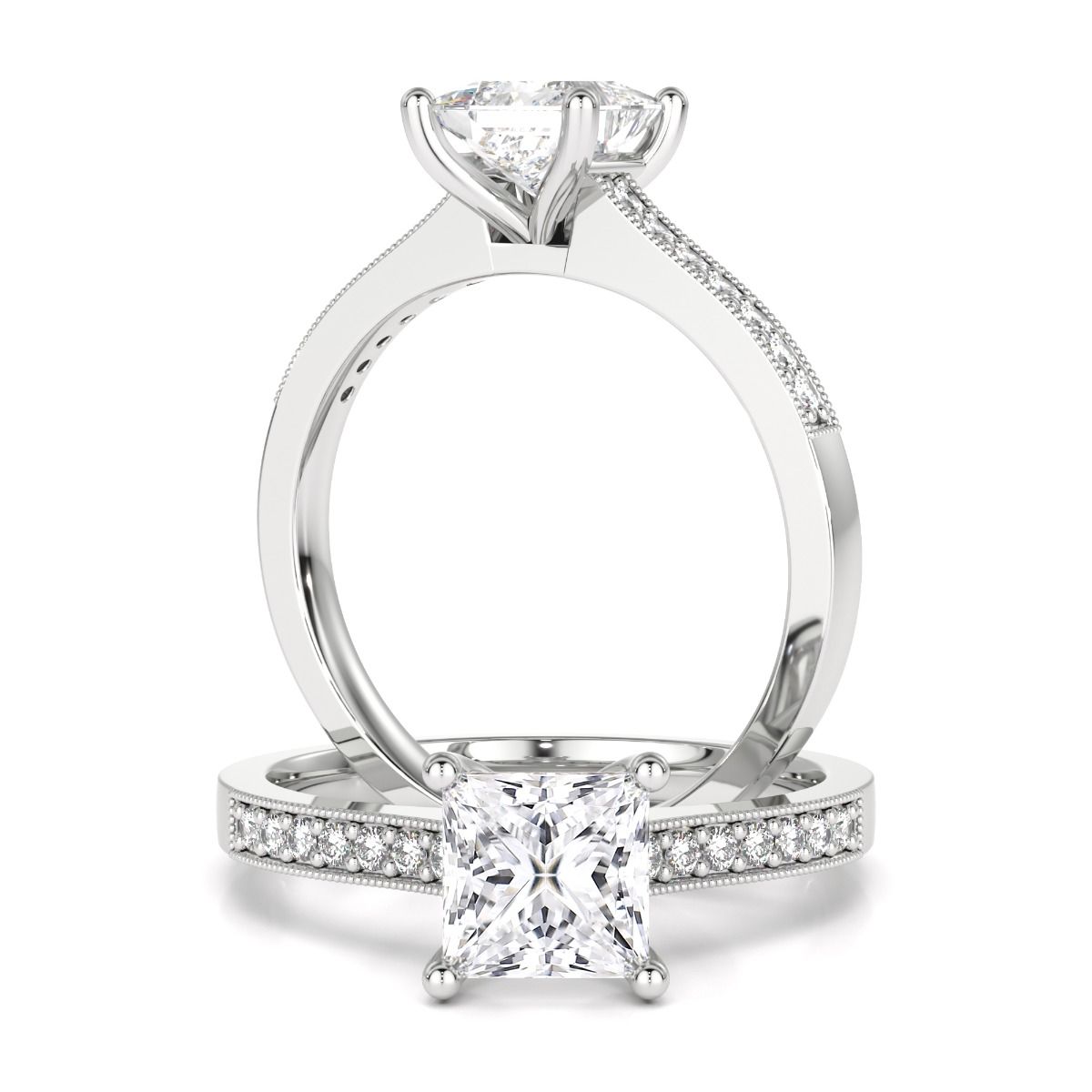 unknown – A stylish princess cut diamond ring with shoulder stones in 18ct white gold
