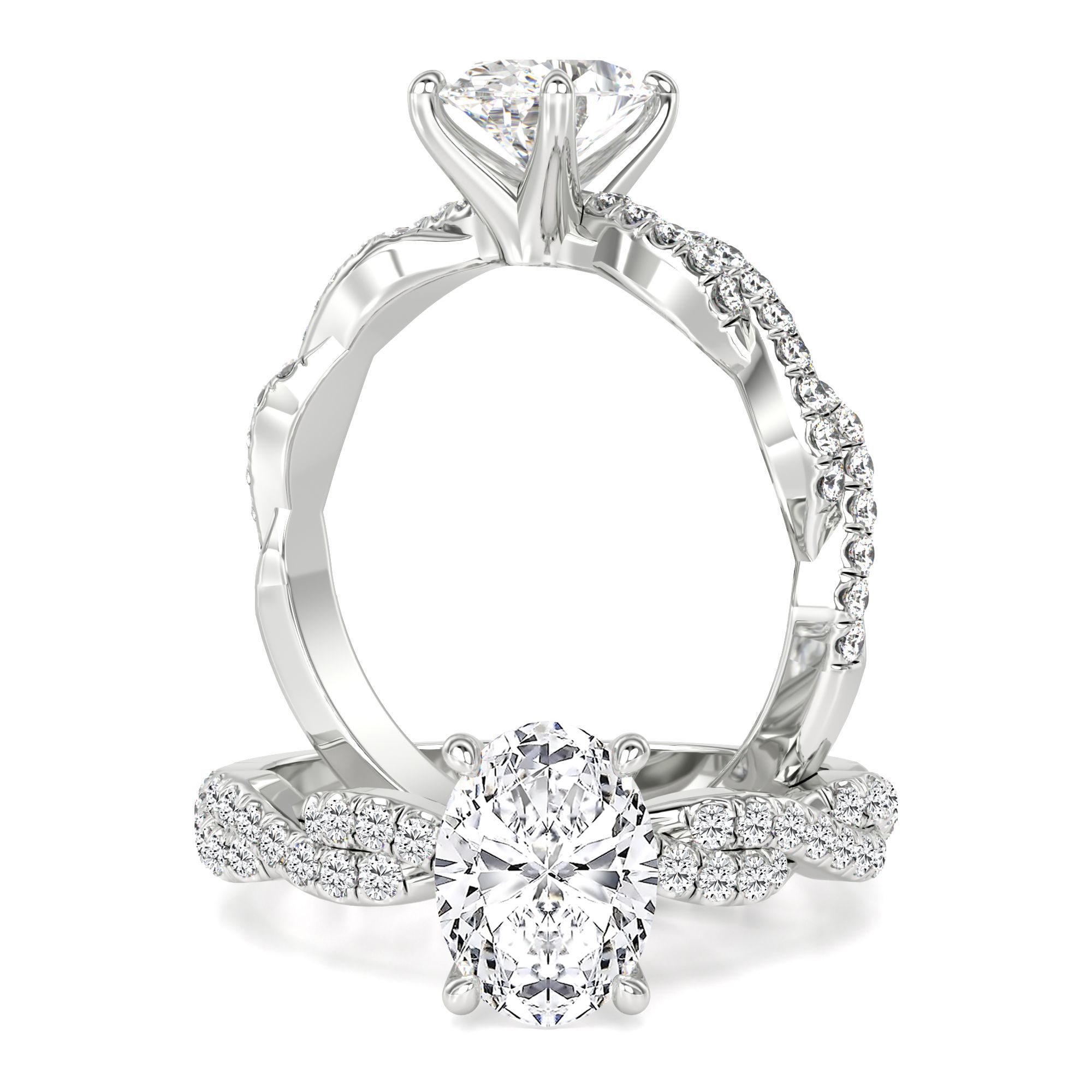unknown – A stunning oval cut lab grown diamond ring with shoulder stones in platinum