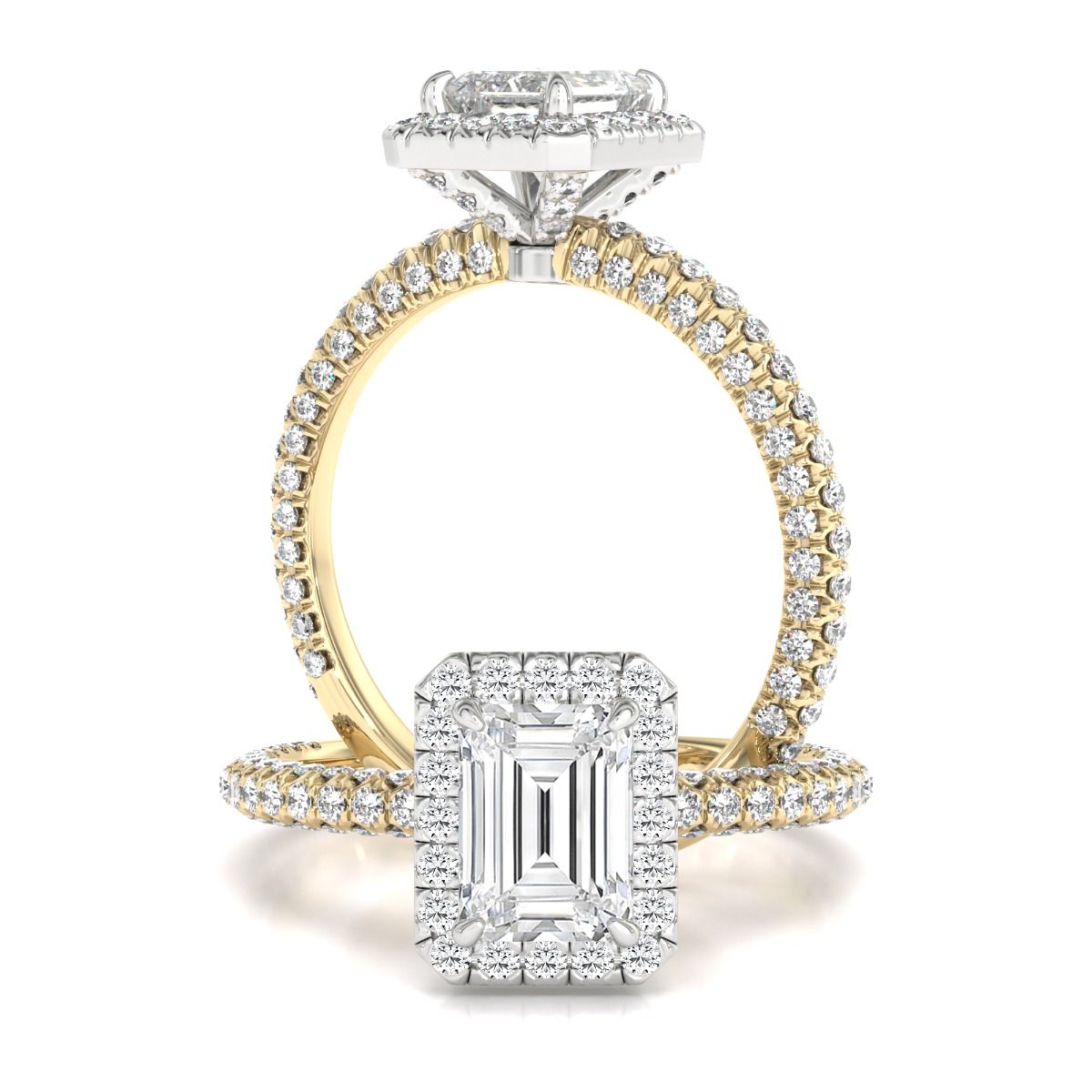 unknown – A beautiful lab grown emerald cut diamond halo with shoulder stones in 18ct yellow & white gold