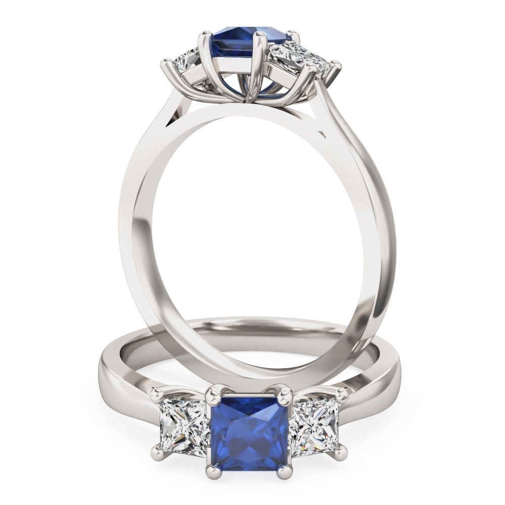 unknown – A classic three stone sapphire & diamond ring in 18ct white gold