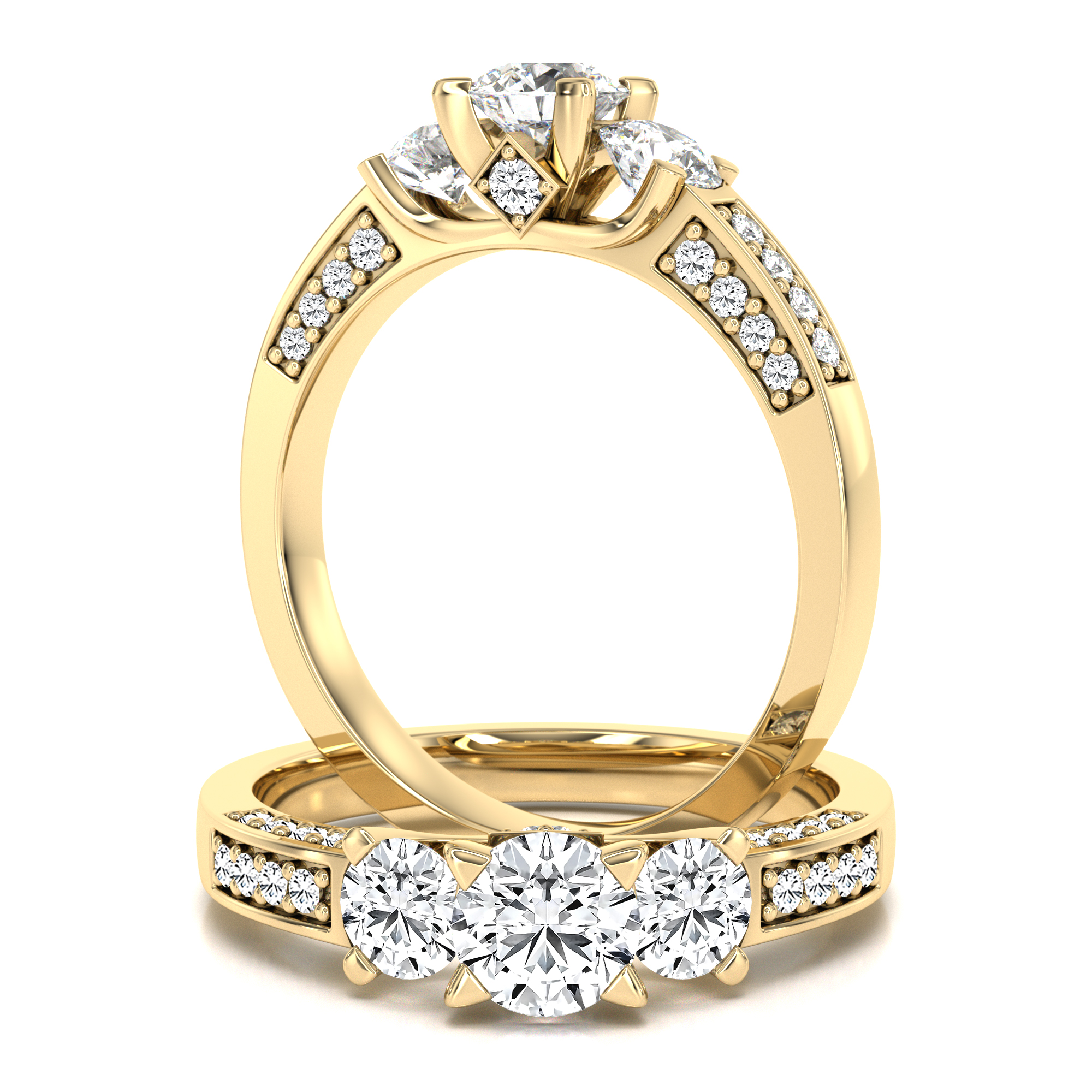Diamond three stone ring with shoulder stones in 18ct yellow gold - PD404Y