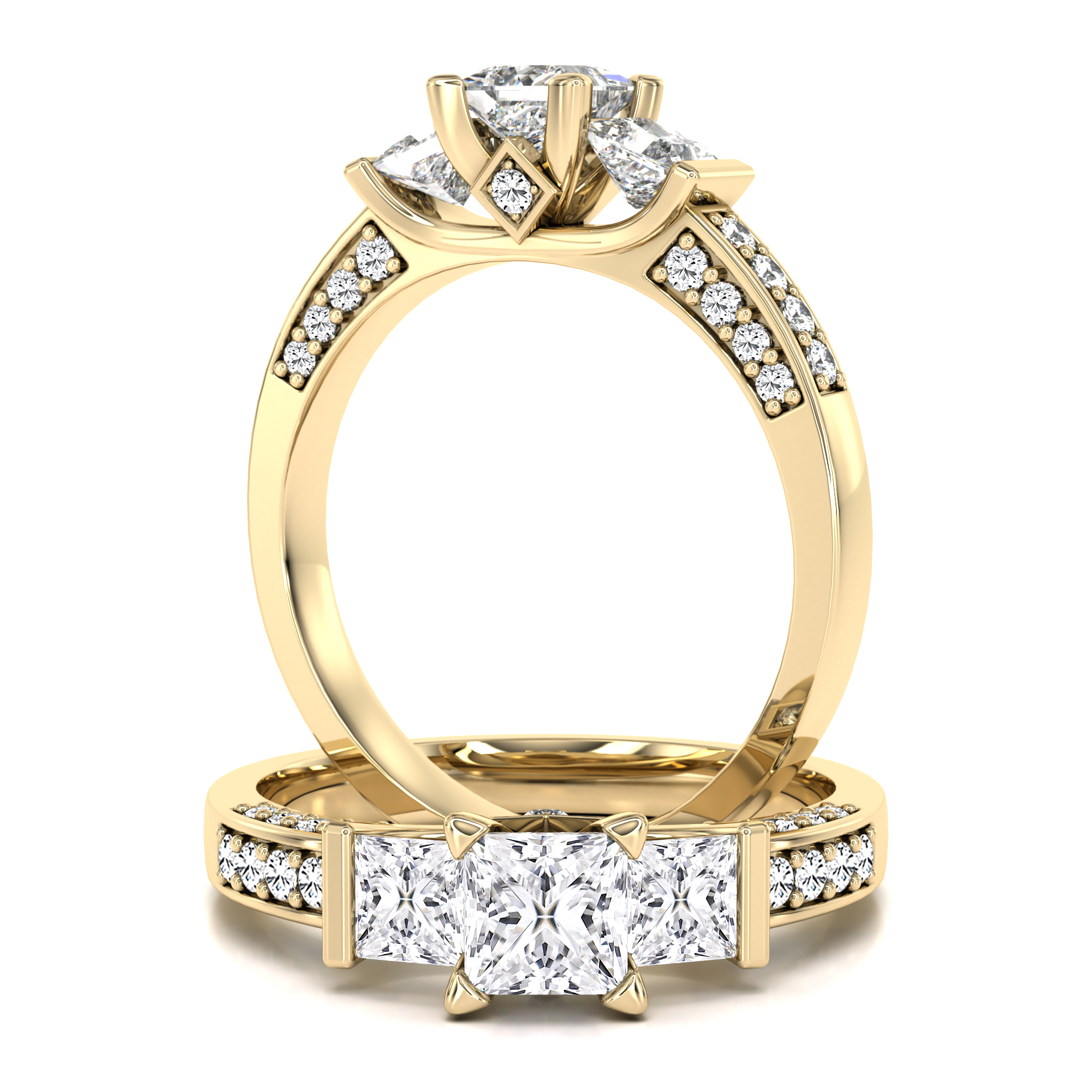 Three stone princess cut diamond ring with shoulder stones in 18ct ...
