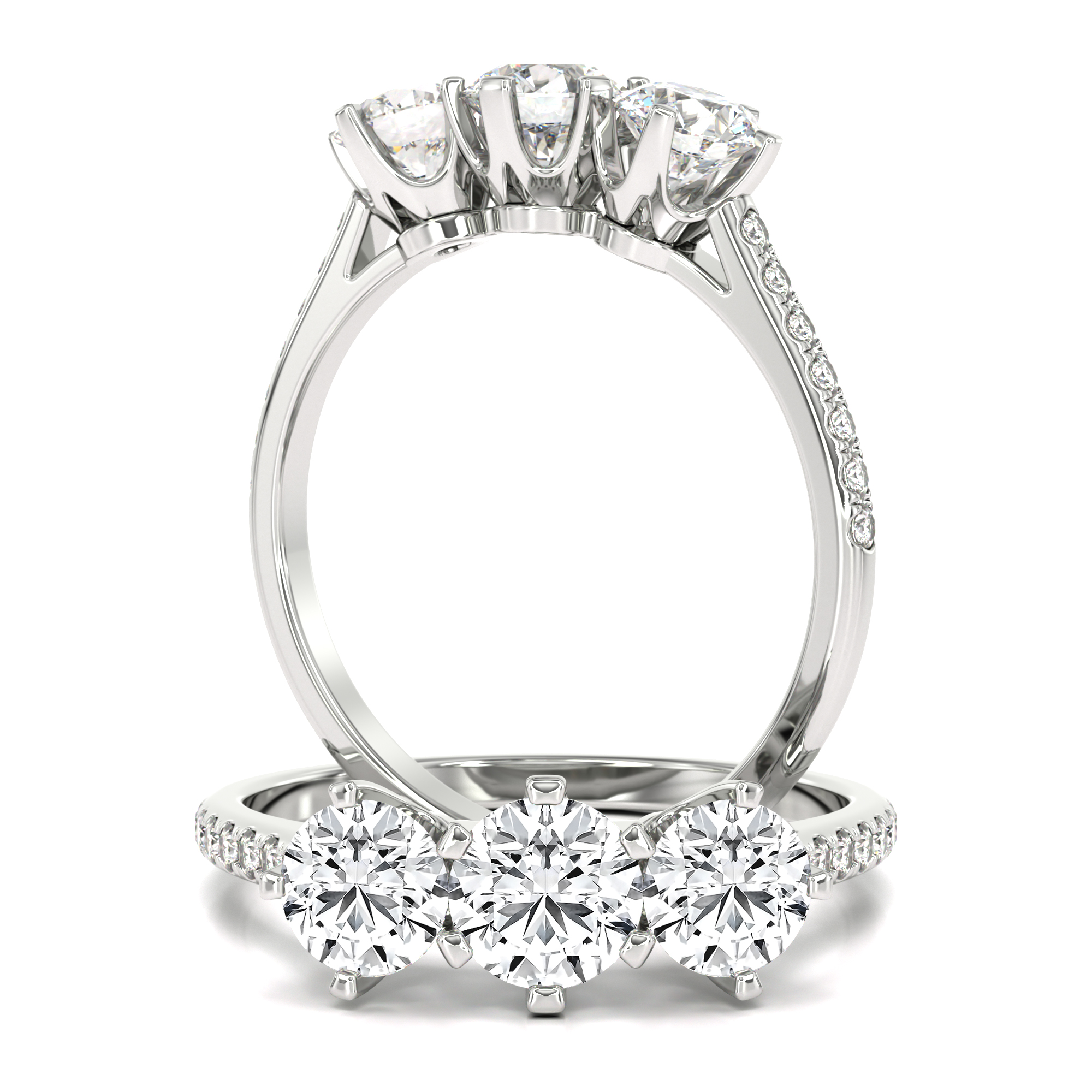 Three stone trilogy lab grown diamond ring with shoulder stones in ...