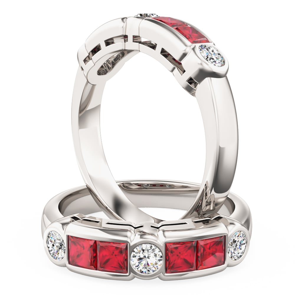 Princess cut ruby and round cut diamond eternity ring in 18ct white ...