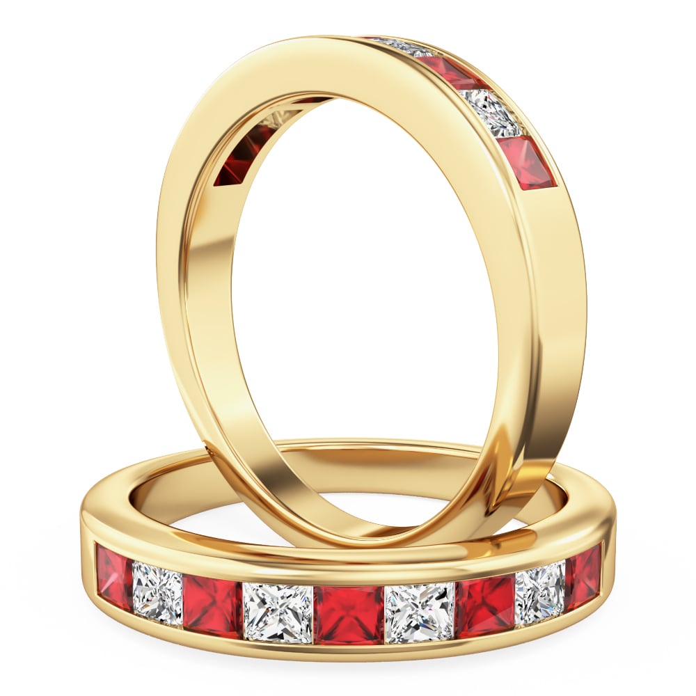 Princess cut ruby & diamond eternity ring in 18ct yellow gold - PDR735Y