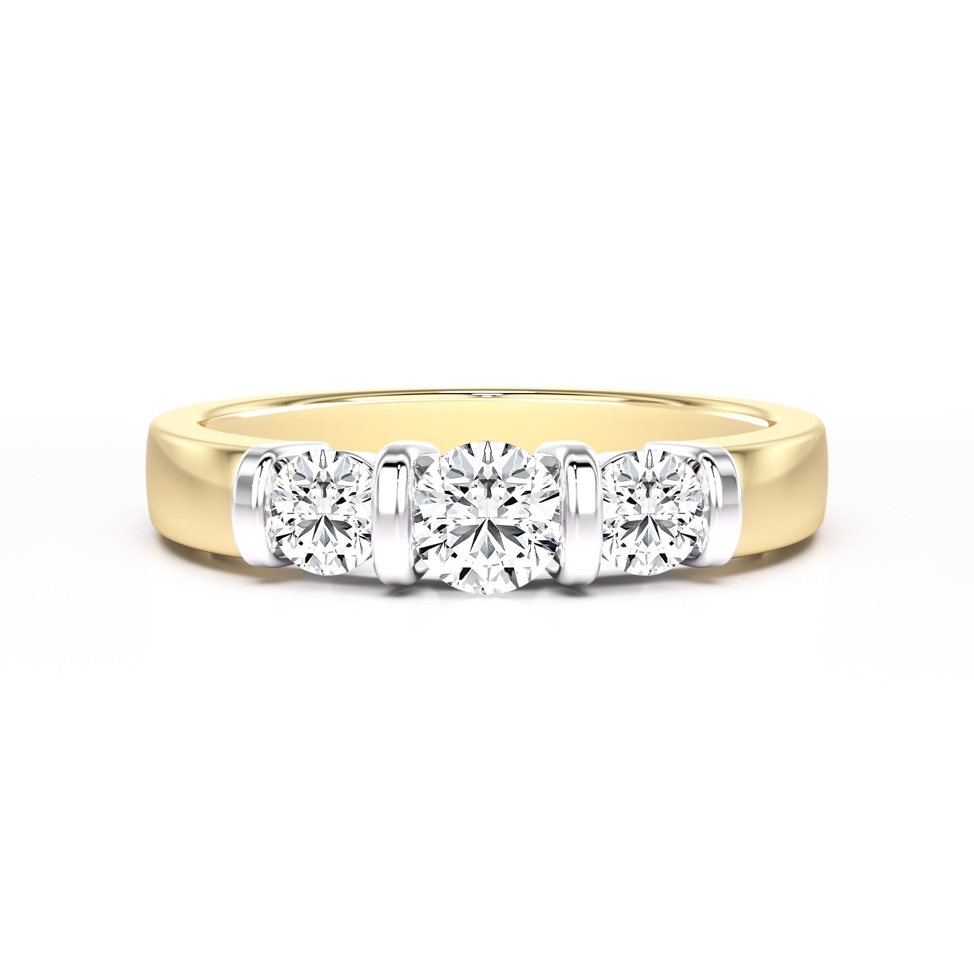 Lab grown round cut three stone diamond ring in 18ct yellow & white ...