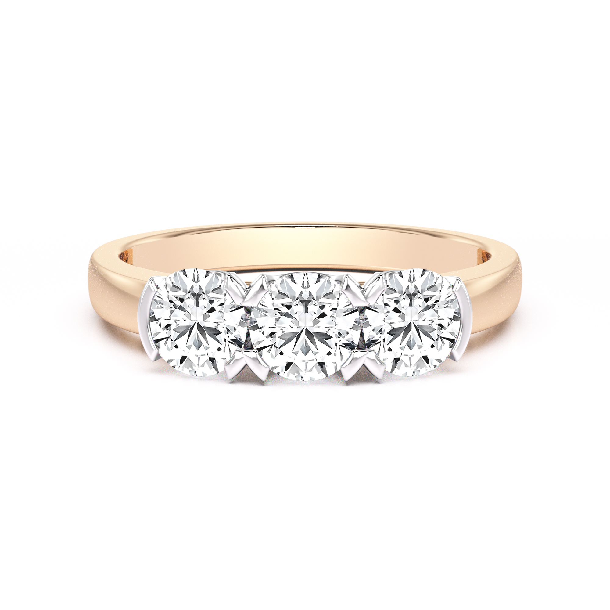 Round lab grown cut three stone diamond ring in 18ct rose & white gold ...