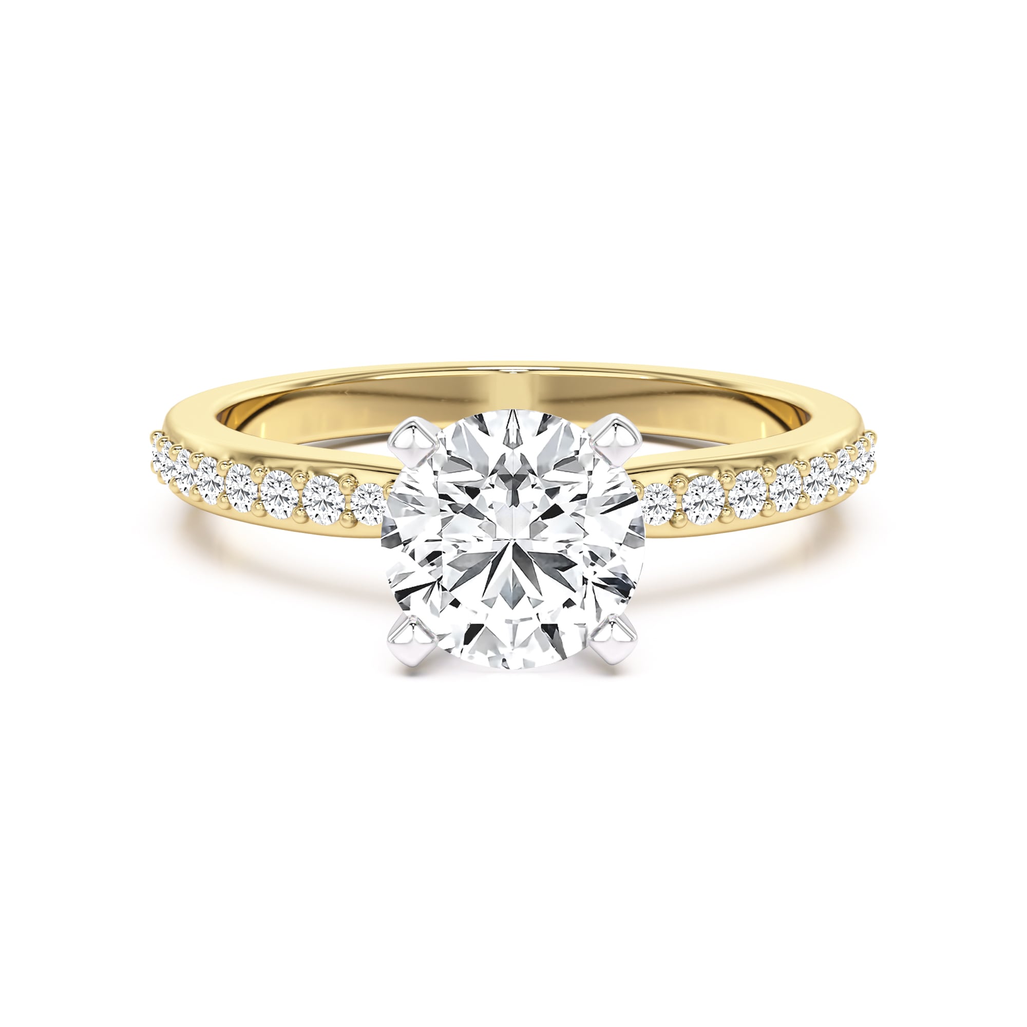 Round cut diamond ring with shoulder stones in 18ct yellow & white gold ...