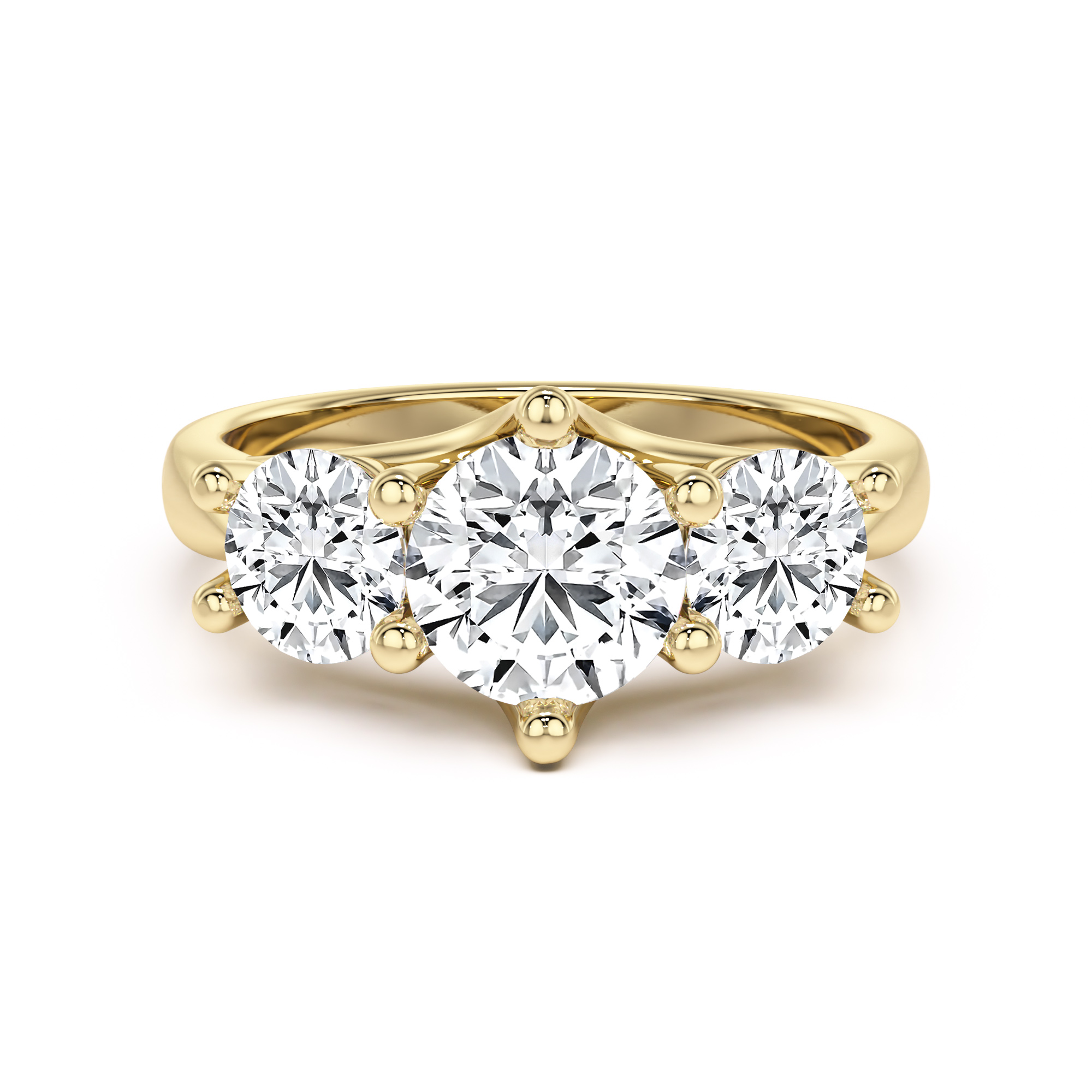 Amazing round lab grown cut three stone diamond ring in 18ct yellow ...