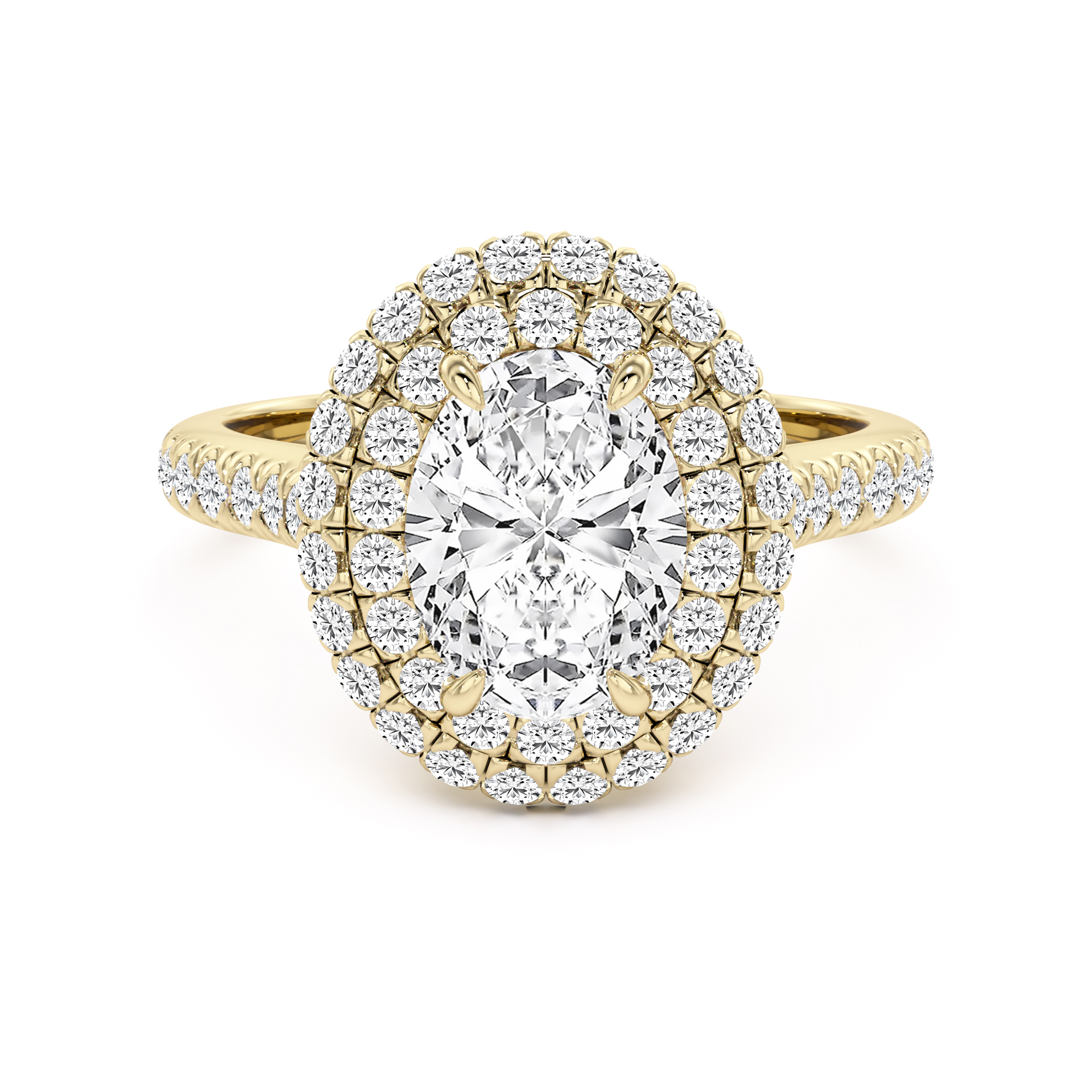 Lab grown oval cut diamond double halo set in 18ct yellow gold - PDL935Y