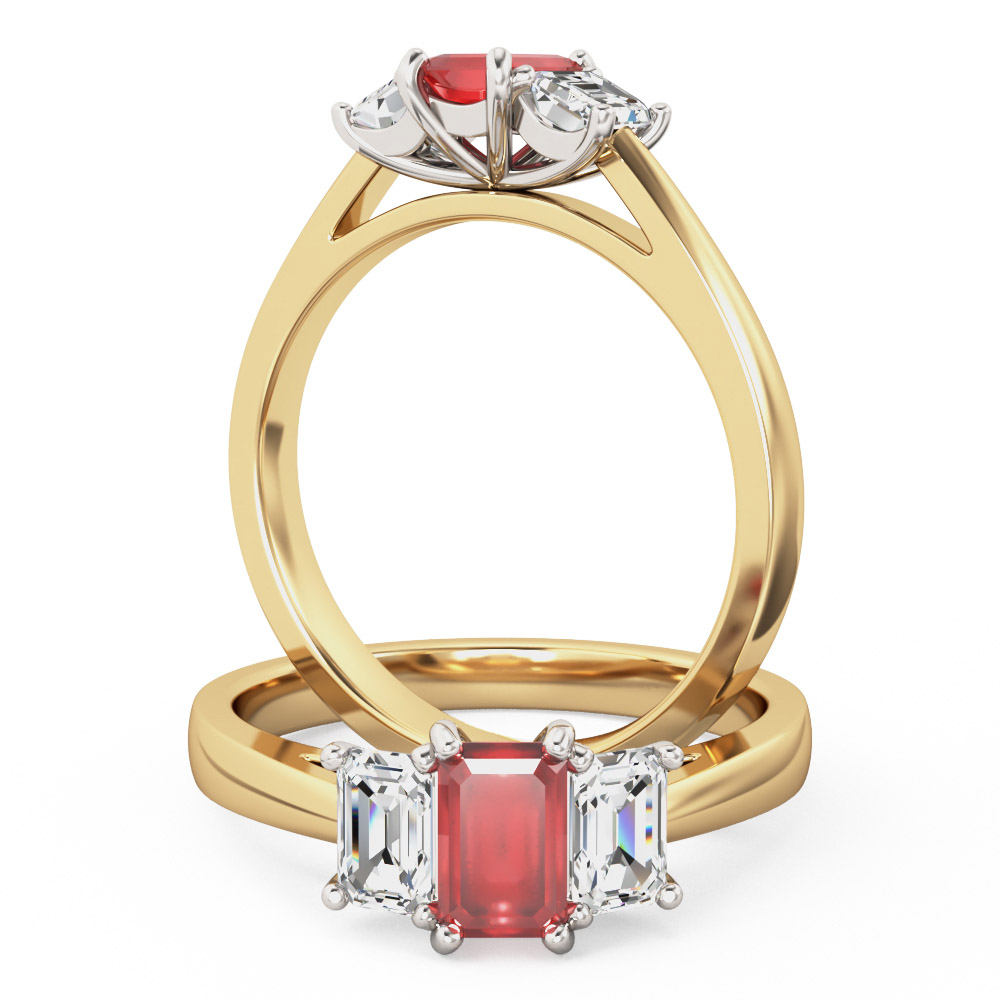 Three stone ruby & diamond ring in 18ct yellow & white gold - PDR388YW